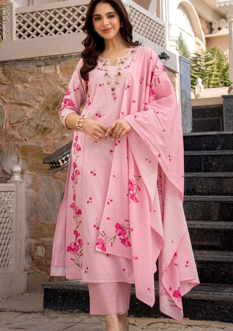 Pink Abstract Print Chanderi Kurta Set - Indya