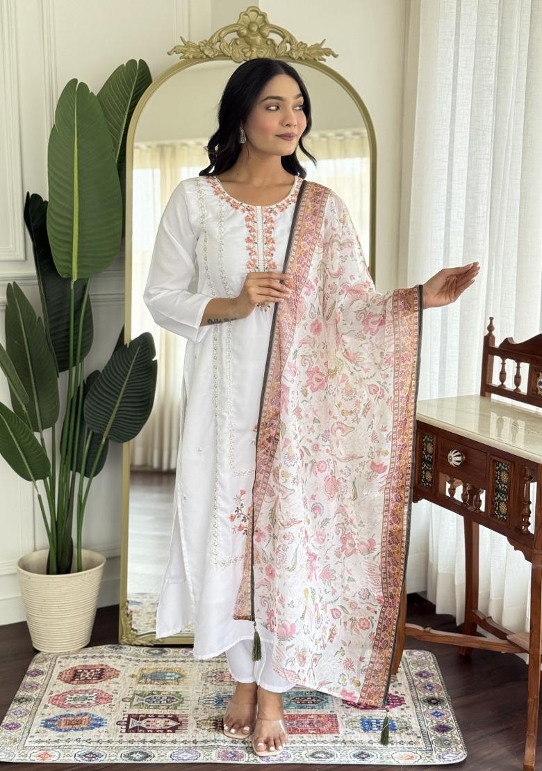 Off White Abstract Print Rayon Kurta Set - Indya