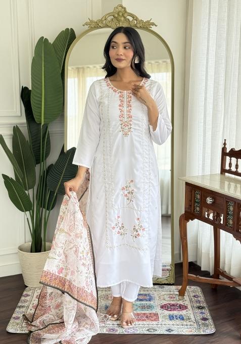 Off White Abstract Print Rayon Kurta Set