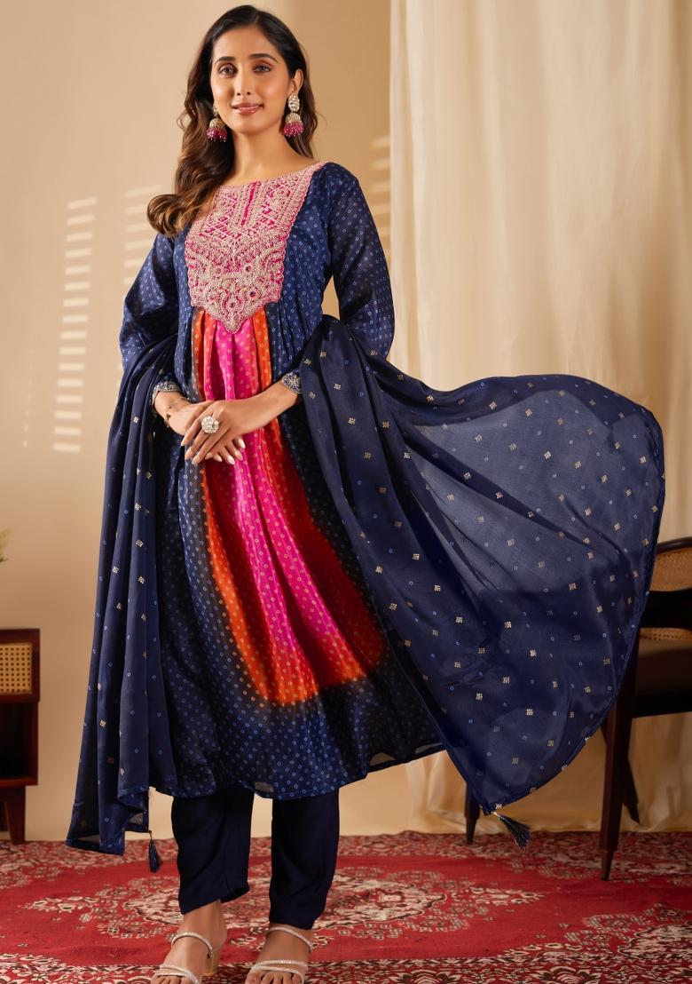 Blue Abstract Print Chiffon Kurta Set - Indya