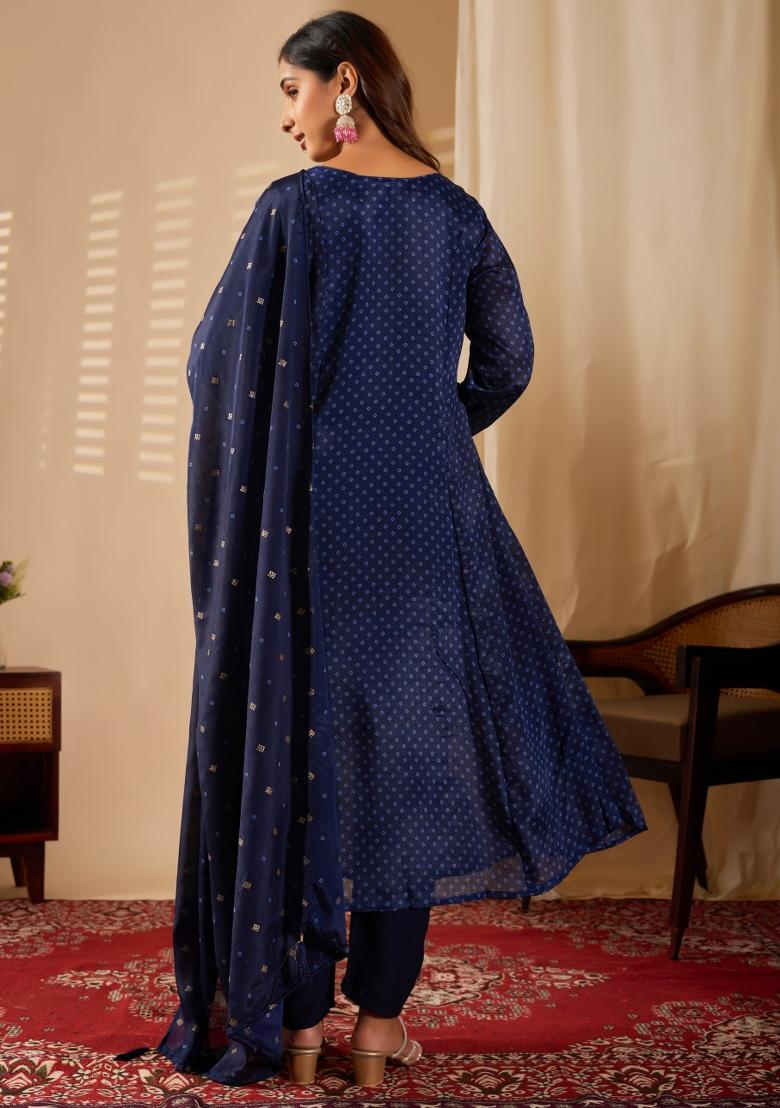 Blue Abstract Print Chiffon Kurta Set - Indya