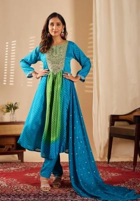 Sea Green Abstract Print Chiffon Kurta Set