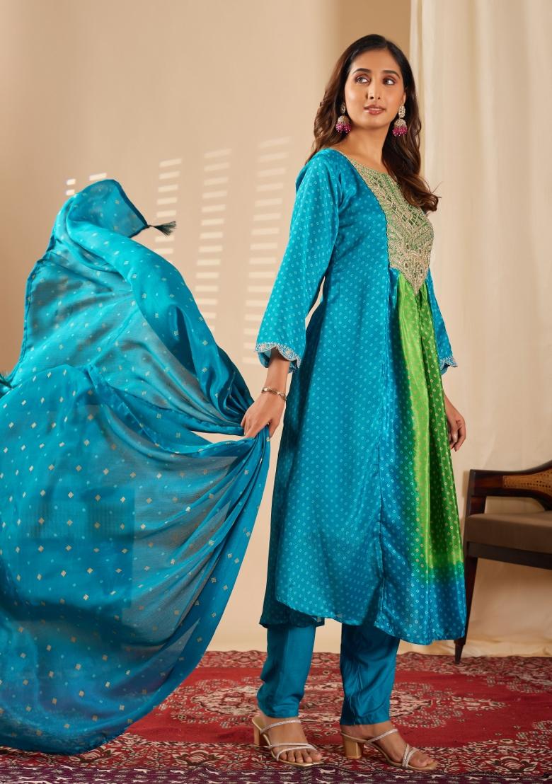 Sea Green Abstract Print Chiffon Kurta Set - Indya