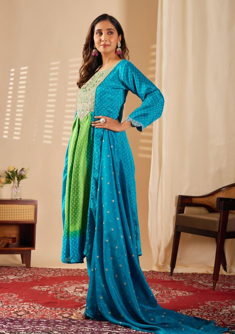 Sea Green Abstract Print Chiffon Kurta Set - Indya
