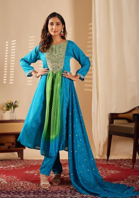 Sea Green Abstract Print Chiffon Kurta Set