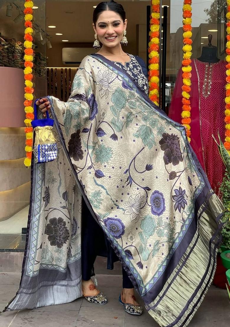 Navy Blue Abstract Print Viscose Kurta Set - Indya