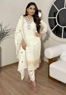 Cream Resham Embroidery Viscose Kurta Set