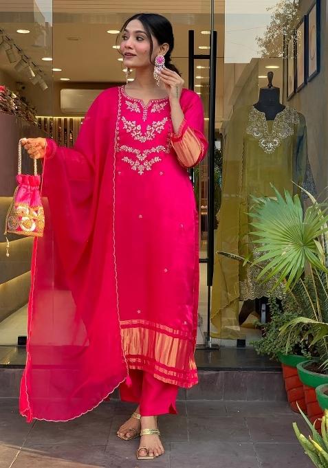 Pink Resham Embroidery Viscose Kurta Set