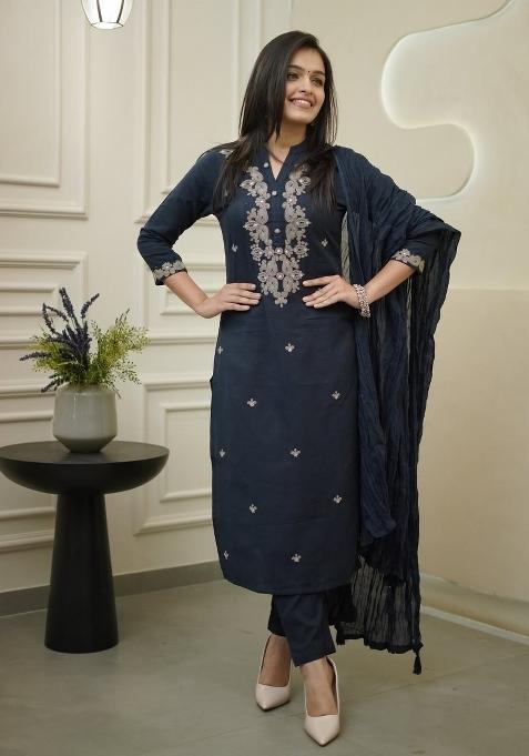 Blue Resham Embroidery Rayon Kurta Set