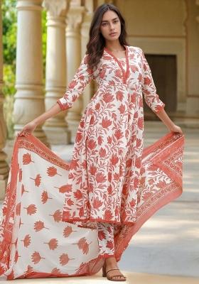 White Abstract Print Blended Cotton Kurta Set