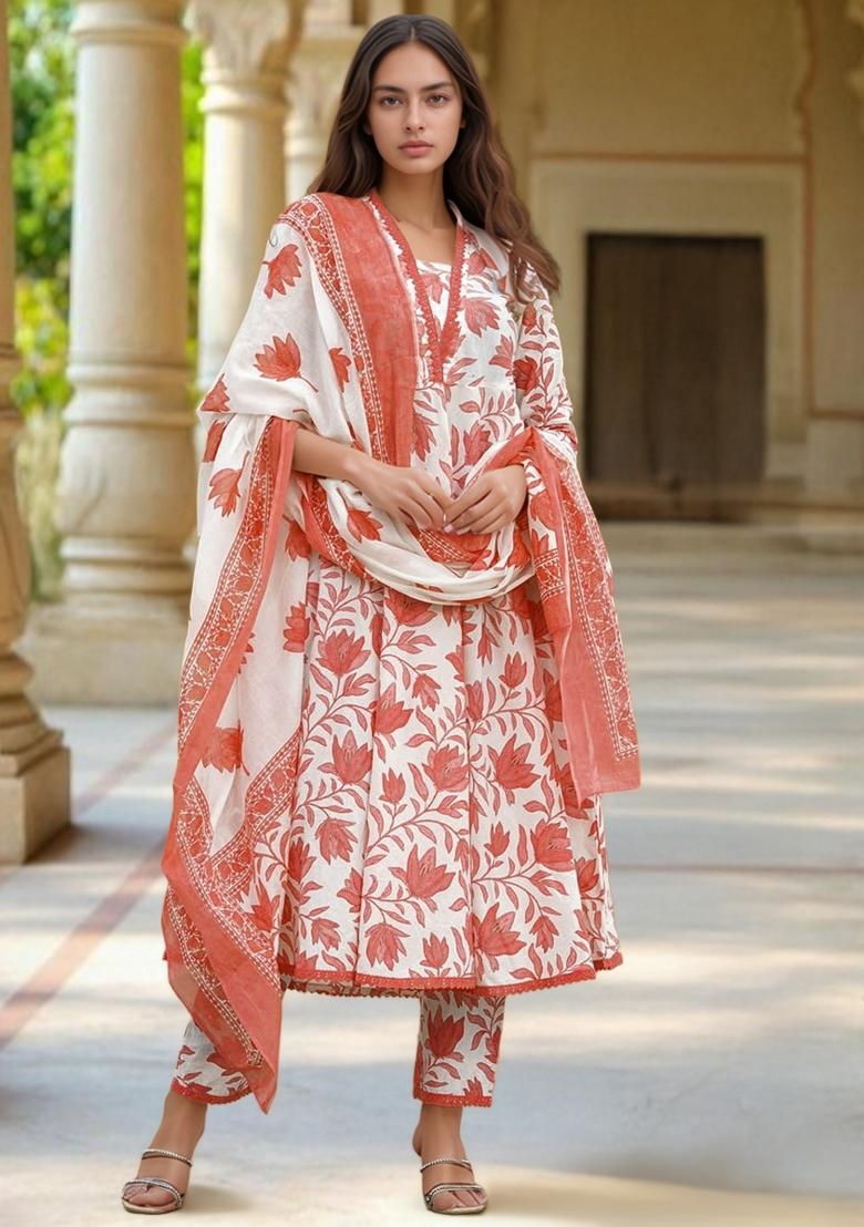 White Abstract Print Blended Cotton Kurta Set - Indya