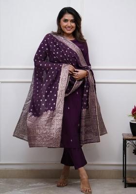 Wine Resham Embroidery Blended Cotton Kurta Set