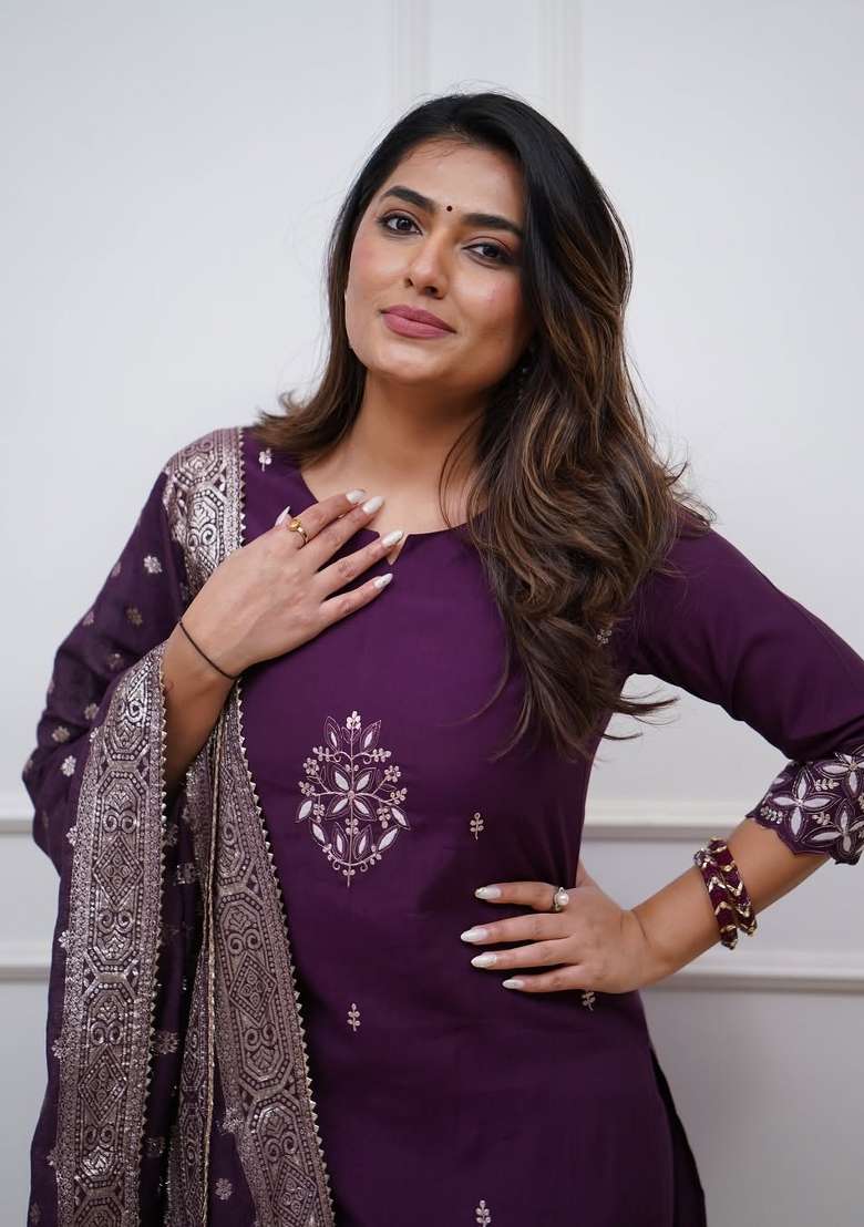 Wine Solid Blended Straight Kurta Set - Indya