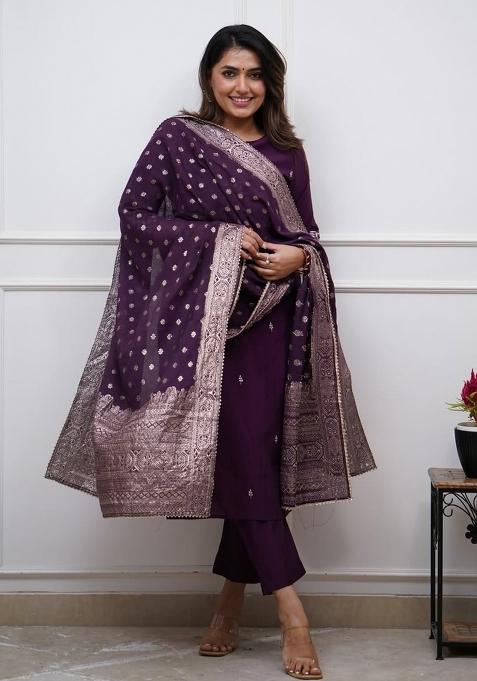 Wine Resham Embroidery Blended Cotton Kurta Set