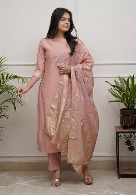 Peach Resham Embroidery Blended Cotton Kurta Set