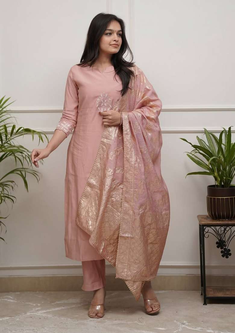 Peach Solid Blended Straight Kurta Set - Indya