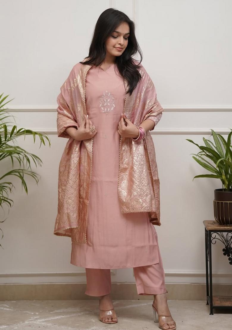 Peach Resham Embroidery Blended Cotton Kurta Set - Indya