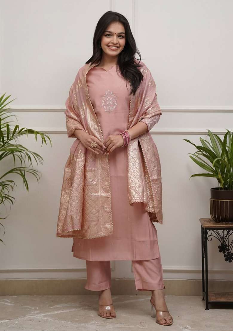 Peach Solid Blended Straight Kurta Set - Indya