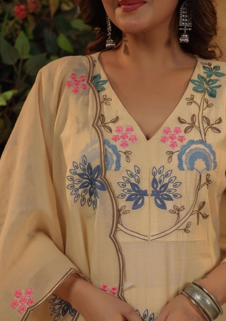 Yellow Resham Embroidery Blended Cotton Kurta Set - Indya