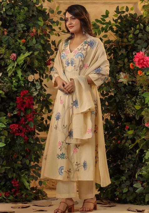 Yellow Resham Embroidery Blended Cotton Kurta Set