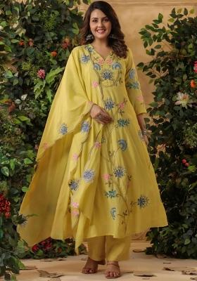 Lemon Resham Embroidery Blended Cotton Kurta Set