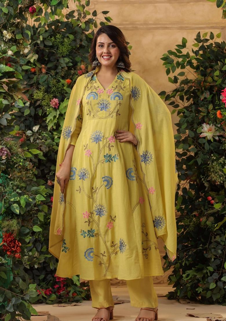 Lemon Resham Embroidery Blended Cotton Kurta Set - Indya