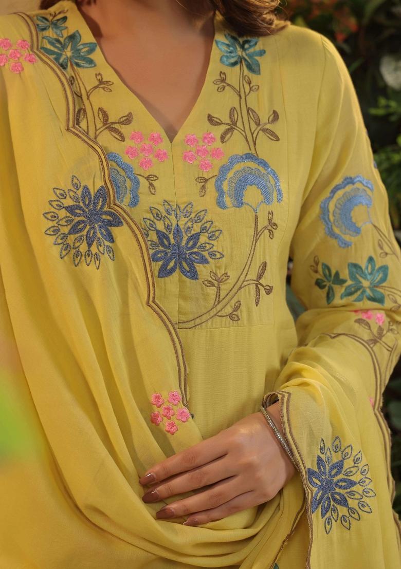 Lemon Resham Embroidery Blended Cotton Kurta Set - Indya