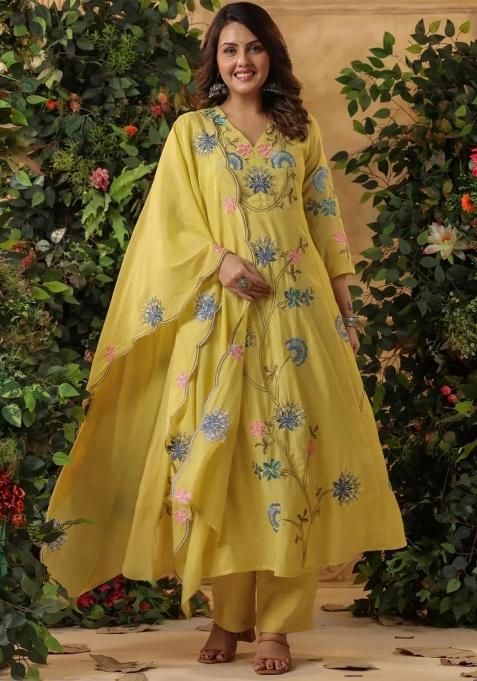 Lemon Resham Embroidery Blended Cotton Kurta Set