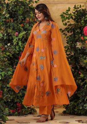 Orange Resham Embroidery Blended Cotton Kurta Set