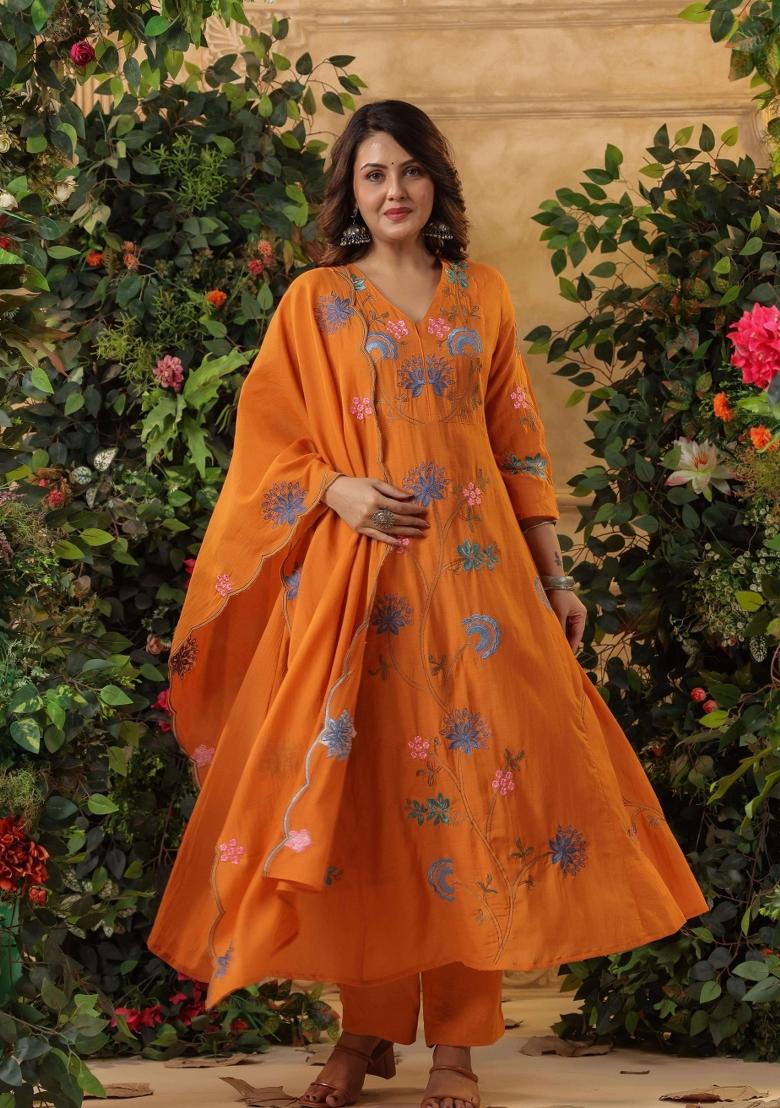 Orange Resham Embroidery Blended Cotton Kurta Set - Indya
