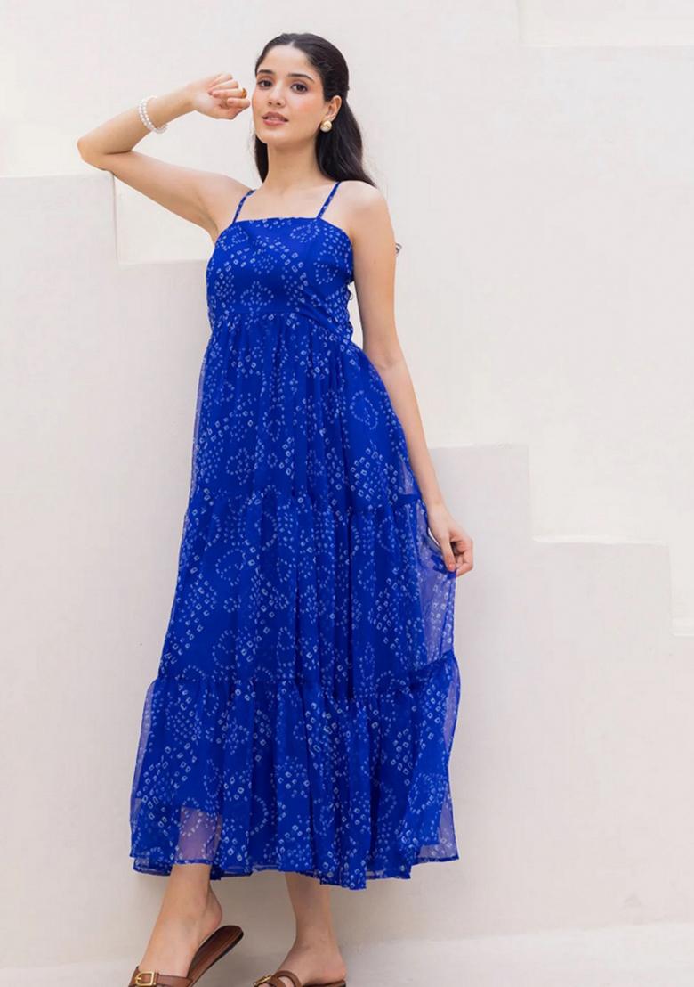 Blue Abstract Print Georgette Kurta Set - Indya