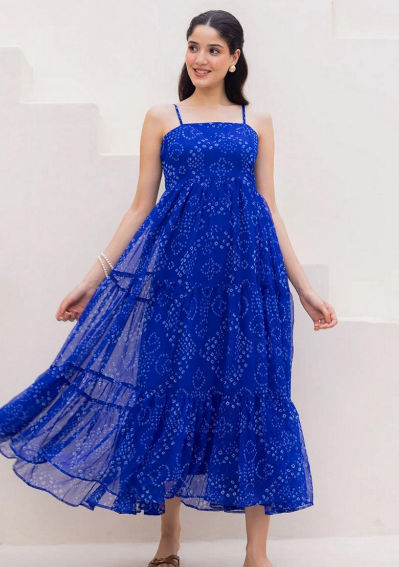 Blue Abstract Print Georgette Kurta Set - Indya