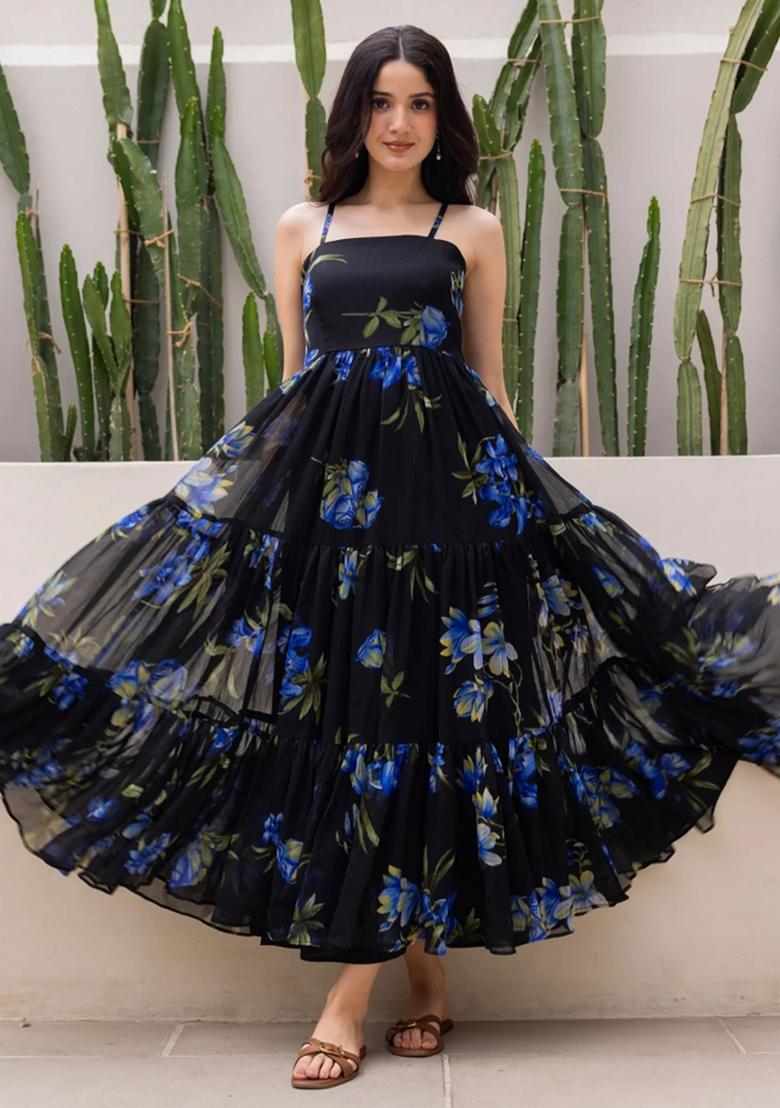 Black Abstract Print Georgette Kurta Set - Indya