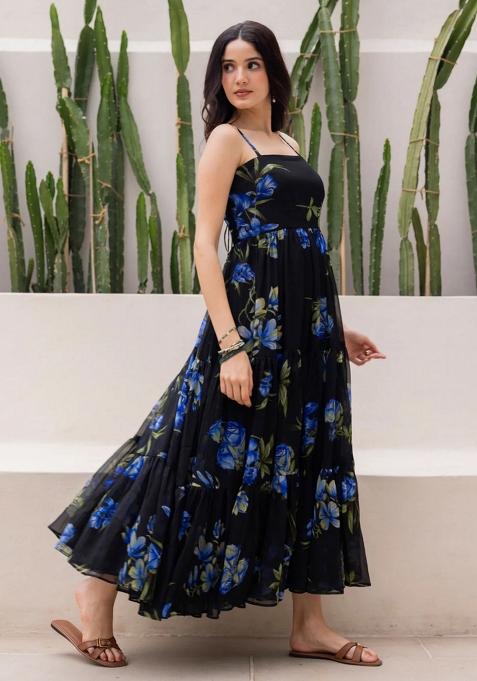 Black Abstract Print Georgette Kurta Set