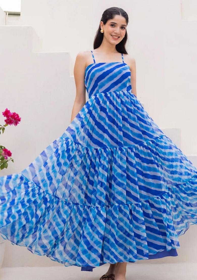 Blue Abstract Print Georgette Kurta Set - Indya