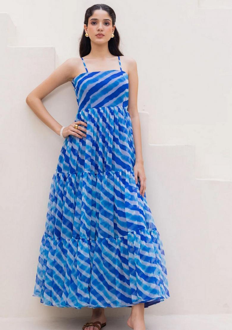 Blue Abstract Print Georgette Kurta Set - Indya