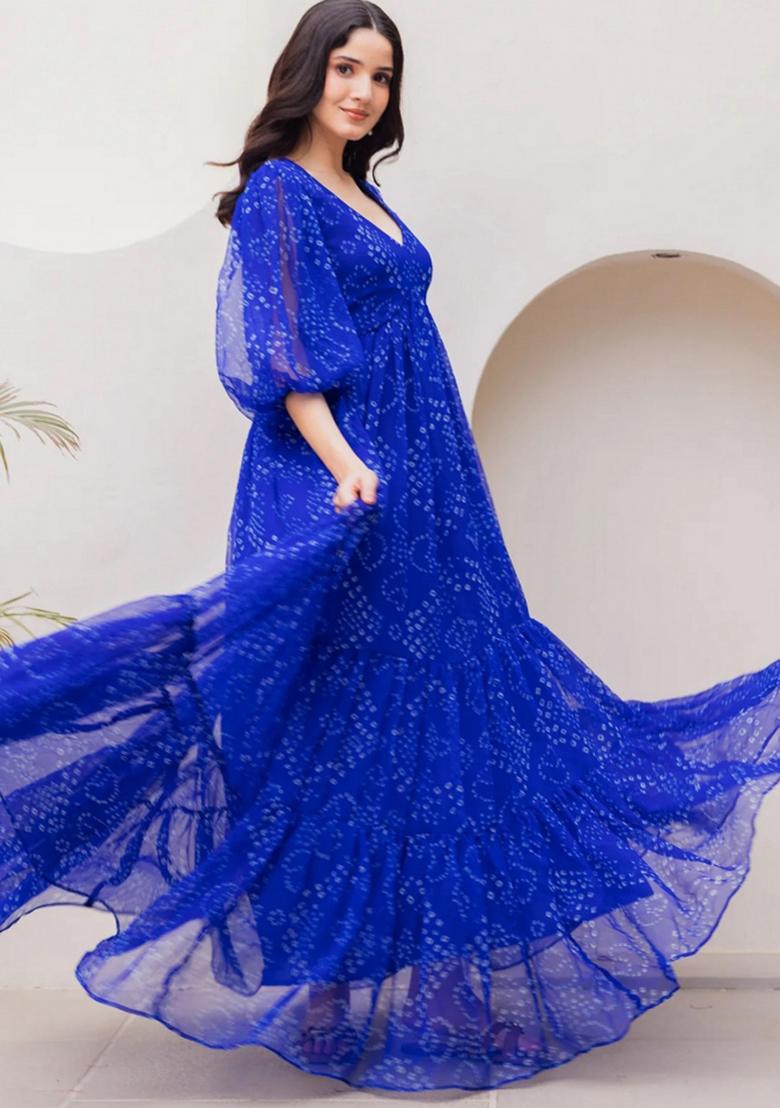 Blue Abstract Print Georgette Kurta Set - Indya