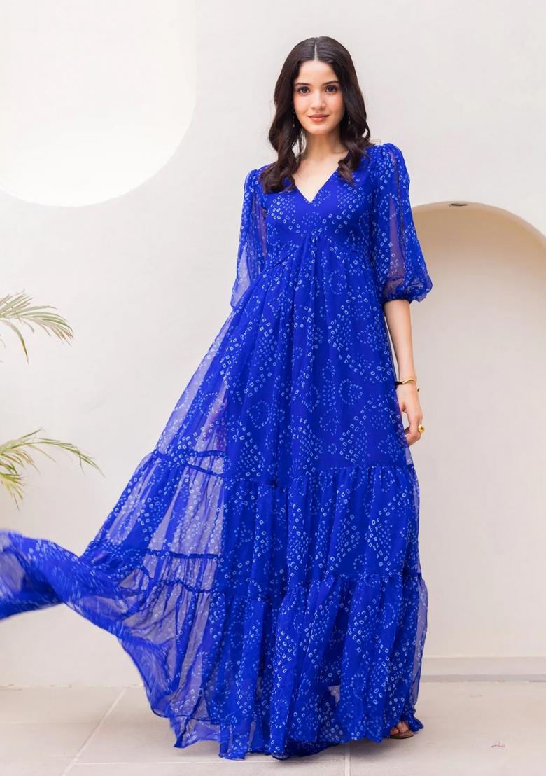 Blue Abstract Print Georgette Kurta Set - Indya