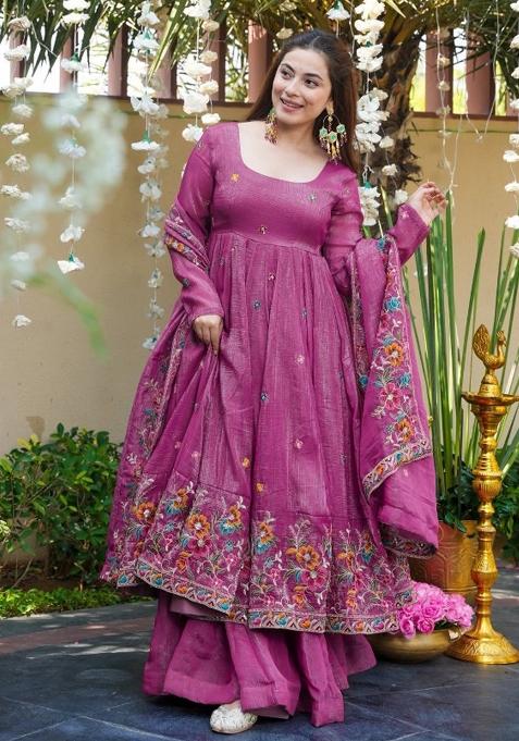 Purple Resham Embroidery Art Silk Kurta Set