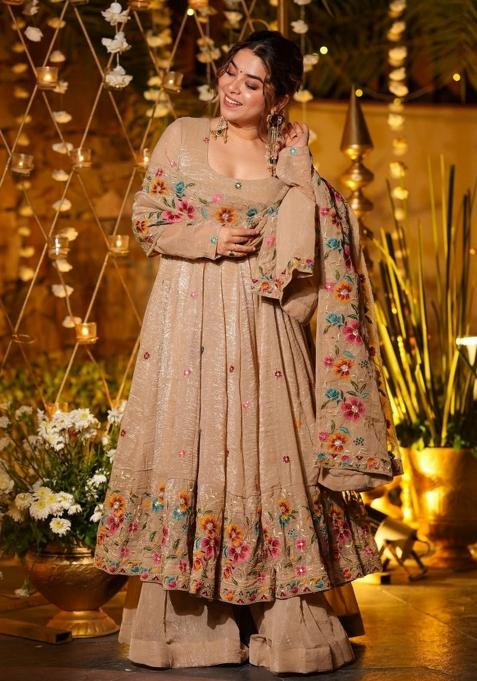 Beige Resham Embroidery Art Silk Kurta Set
