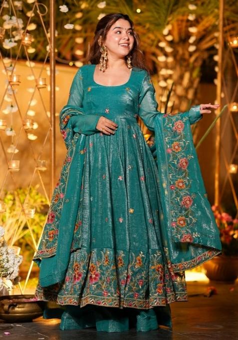 Green Resham Embroidery Art Silk Kurta Set