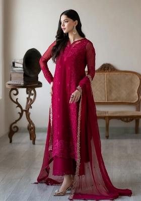 Pink Resham Embroidery Georgette Kurta Set
