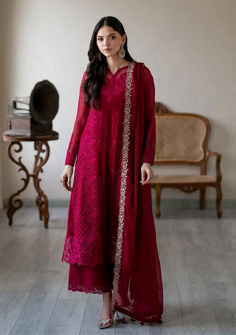 Pink Resham Embroidery Georgette Kurta Set - Indya
