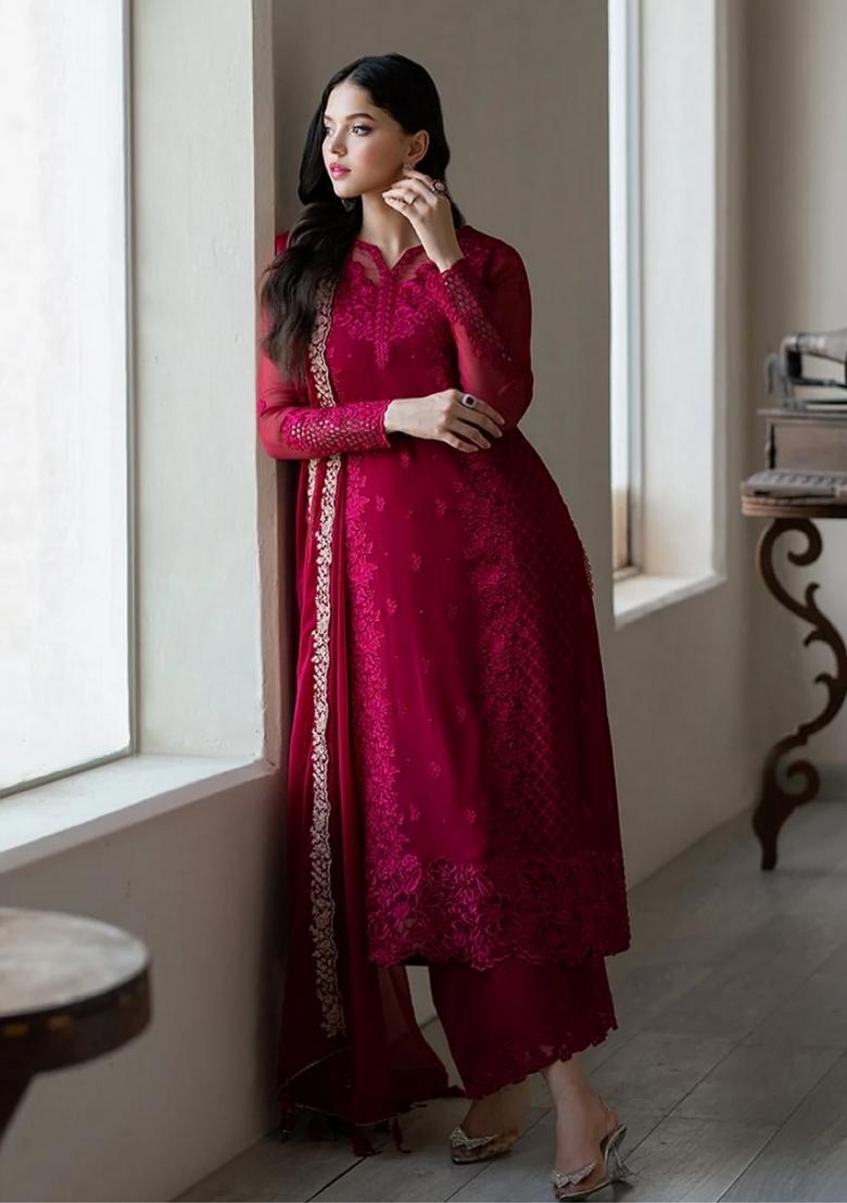 Pink Resham Embroidery Georgette Kurta Set - Indya