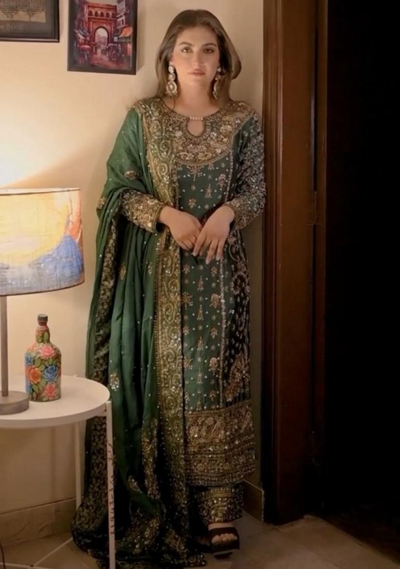 Green Resham Embroidery Georgette Kurta Set - Indya