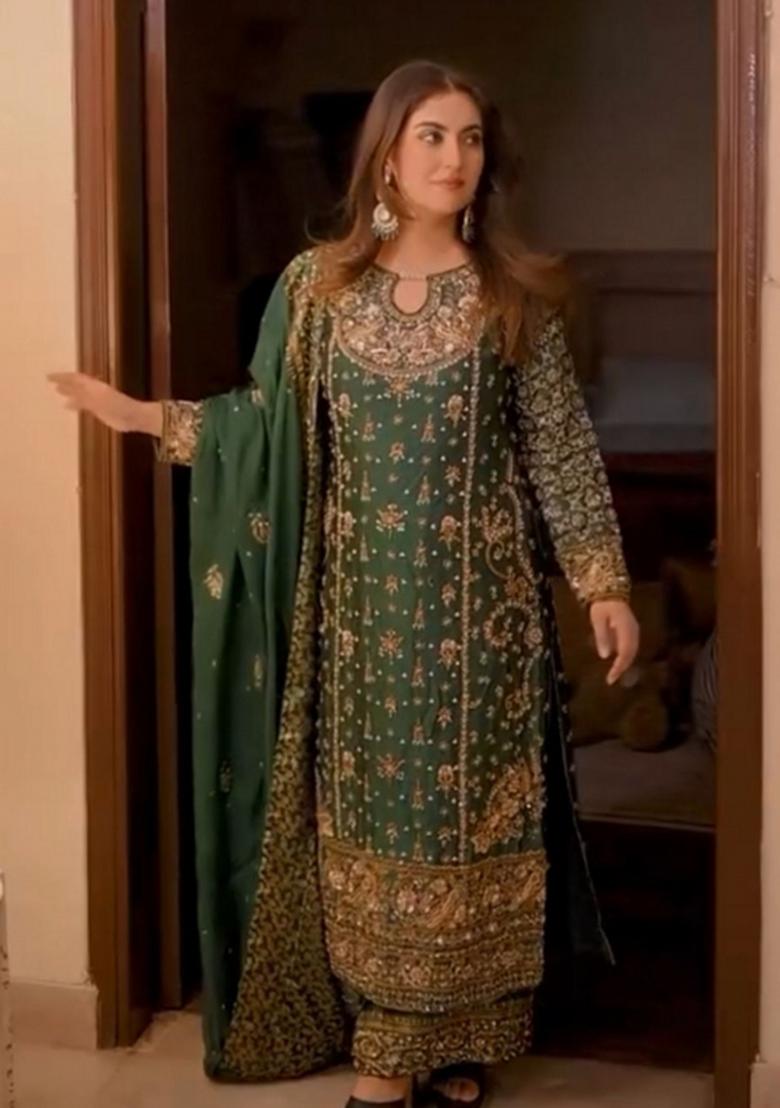 Green Resham Embroidery Georgette Kurta Set - Indya