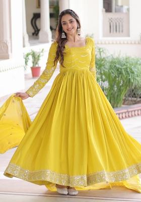 Yellow Resham Embroidery Art Silk Kurta With Dupatta