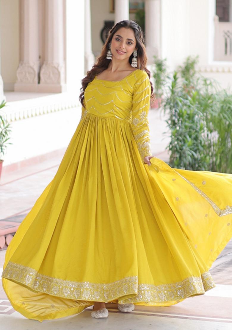Yellow Resham Embroidery Art Silk Kurta With Dupatta - Indya