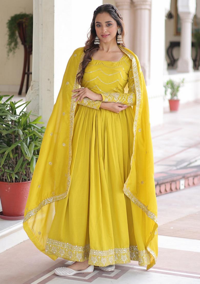 Yellow Resham Embroidery Art Silk Kurta With Dupatta - Indya