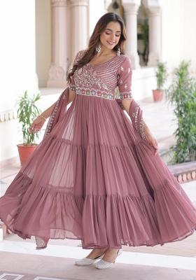 Peach Resham Embroidery Georgette Kurta With Dupatta